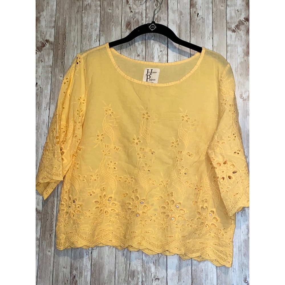 Women's Yellow Eyelet Linen Blend Top